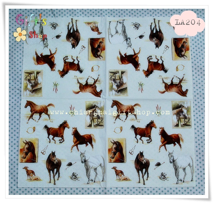 กระดาษแนปกิ้น ลายม้าหลายอิริยาบถ พื้นหลังสีขาวครีม