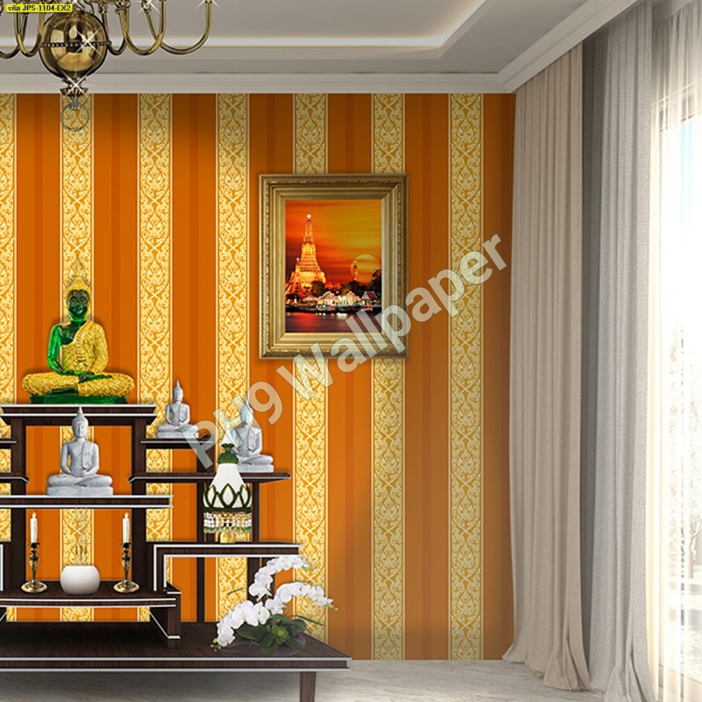 วอลเปเปอร์ติดผนังลายไทย ลายกนก สีทอง JPS1104