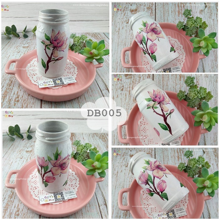 SALE !!! ขวดแก้วเดคูพาจ, แจกันเดคูพาจ, งานแฮนด์เมด ใส่ของได้อเนกประสงค์ ขายแบบ 1 ใบ ลายดอกแมกโนเลียสีชมพู DB005