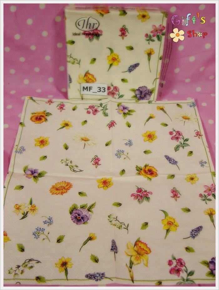กระดาษแนปกิ้น ลายดอกไม้สีเหลือง ม่วง ชมพู พื้นหลังสีขาว
