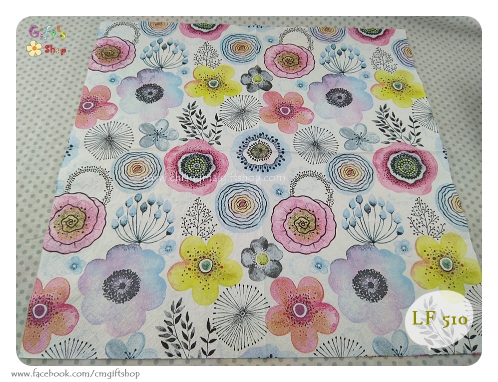 กระดาษแนปกิ้น ลายWatercolour Floral composition, ลายดอกไม้หลายสี, ลายดอกไม้สีน้ำ, ลายดอกไม้สีเหลือง, ลายดอกไม้สีฟ้า, ลายดอกไม้สีชมพู, ลายดอกไม้สีเทา, พื้นหลังสีขาว