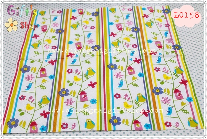 กระดาษแนปกิ้น ลายนกน้อย ดอกไม้ บ้านนกน่ารัก ขอบเส้นหลากสี พื้นหลังสีขาว