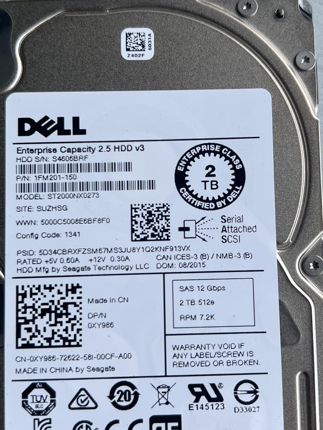 hdd sas 2tb 12Gbps 2.5" ฮาร์ดดิสเซิร์ฟเวอร์เดลมือสองพร้อมใช้งาน
