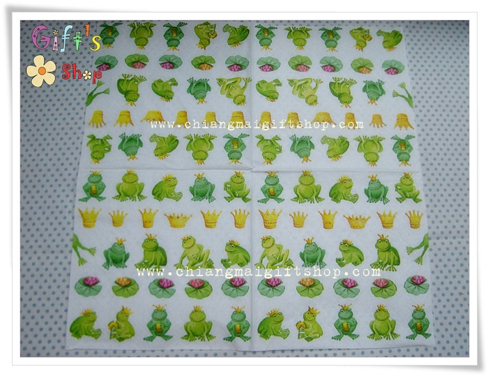 กระดาษแนปกิ้น ลายกบบนใบบัว กบใส่มงกุฏ พื้นหลังสีขาว