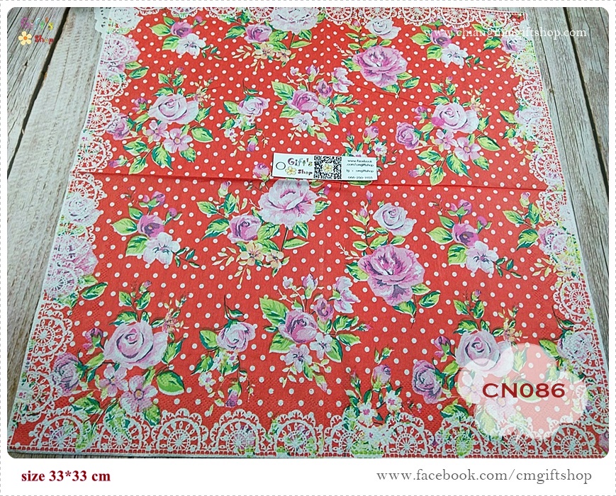 กระดาษแนปกิ้น, ลายดอกไม้สีชมพู, ลายดอกกุหลาบสีชมพู, ลายดอกไม้เล็กๆ, ลายดอกกุหลาบเล็กๆ, ขอบลายลูกไม้, พื้นหลังสีแดง, สีสันสดใส, ลายเต็มผืน, ลายเล็กๆ, ลายช่อดอกไม้,