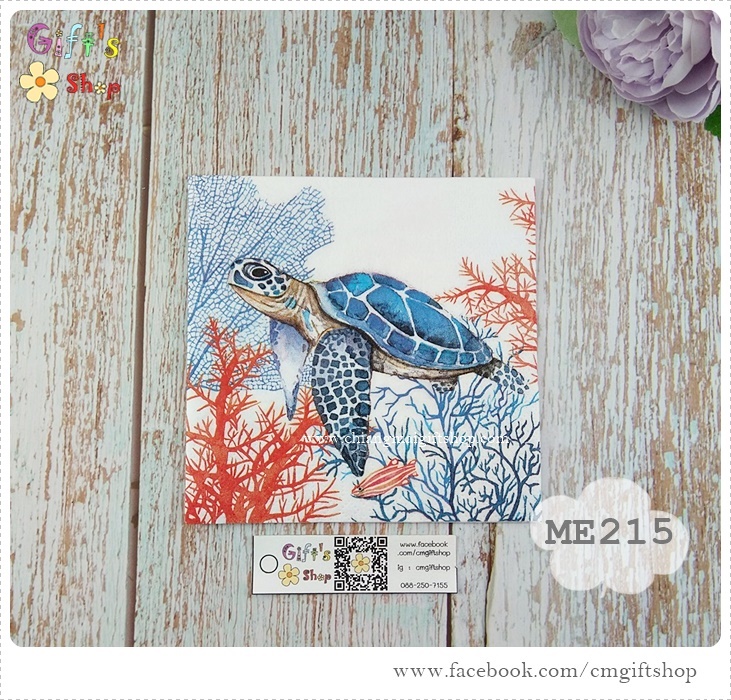 กระดาษแนปกิ้นยุโรป, ขนาด25*25ซม., ลาย The Turtle, ลายเต่า,ลายเต่าทะเล, ลายเต่ากับปะการัง, พื้นหลังสีขาว, ลายแนวทะเล, ลายสัตว์ทะเล
