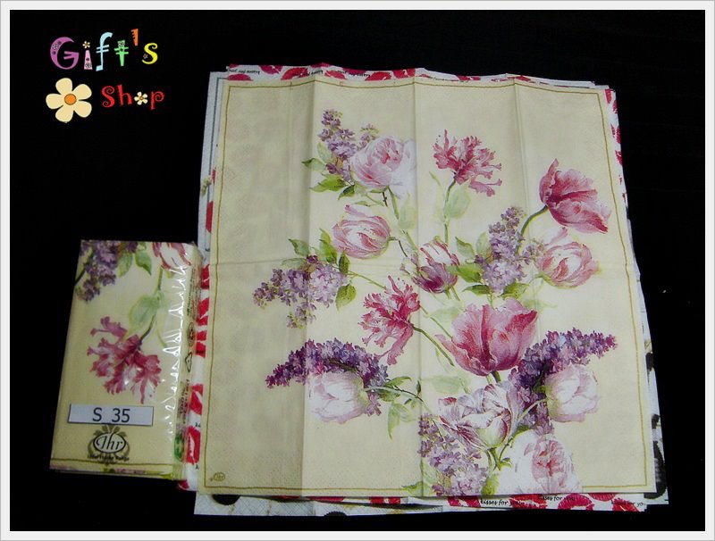 กระดาษแนปกิ้นยุโรป, ลายดอกไม้สีชมพู, ลายดอกไม้สีม่วง, พื้นหลังสีครีมขอบเส้นน้ำตาล, ลายดอกลาเวนเดอร์, พื้นหลังสีอ่อน
