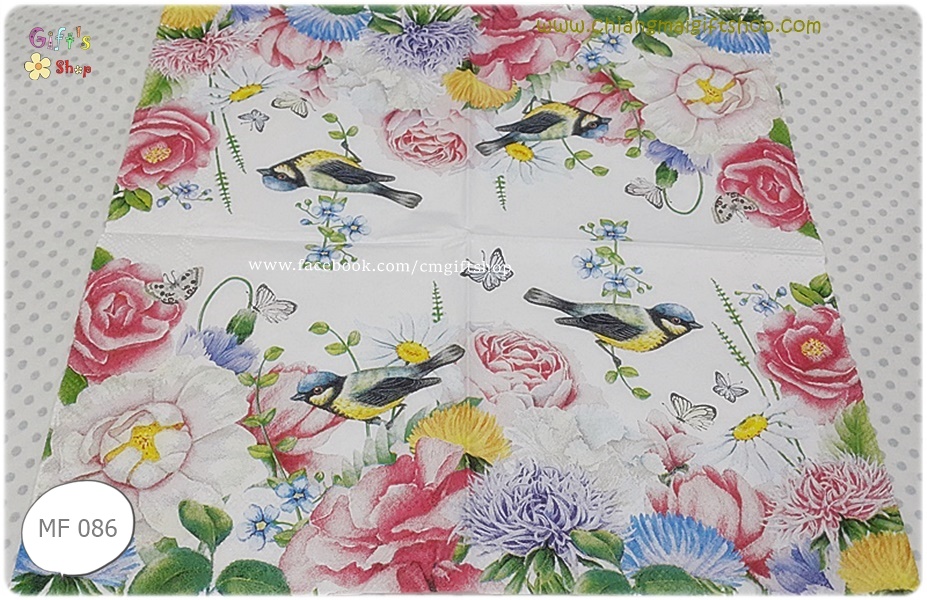 กระดาษแนปกิ้นยุโรป, ลายดอกกุหลาบ, ลายดอกกุหลาบสีแดงชมพู, ลายดอกไม้สีชมพู, ลายดอกไม้สีฟ้า, ลายดอกไม้สีม่วง, ลายดอกไม้สีแดง, ลายดอกไม้สีเหลือง, ลายใบไม้สีเขียว, ลายนกหัวสีฟ้าปีกสีดำตัวสีเหลือง, ลายผีเสื้อ, Watercolor bird