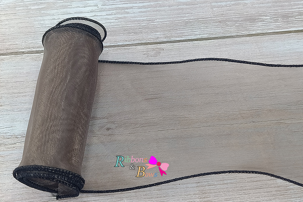 ริบบิ้นผ้าเย็บขอบสีดำ ผ้าไหมแก้ว ขนาด 10 ซม. (ขายเป็นหลา)