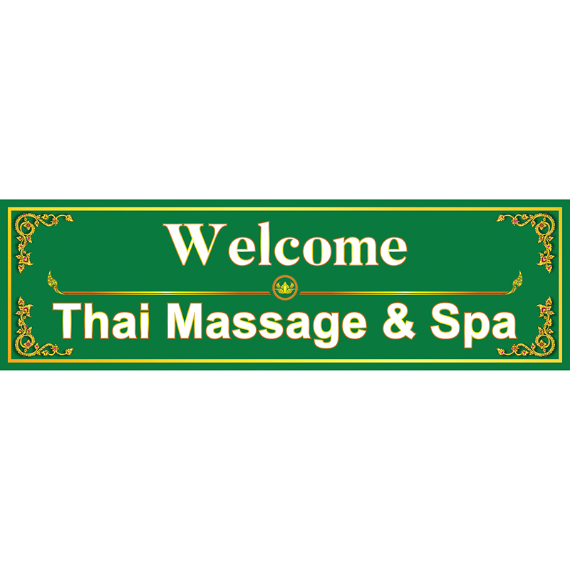 สติ๊กเกอร์ป้าย "Welcome Thai Massage & Spa" ตกแต่งกรอบด้วยลวดลายไทย สวยงาม เหมาะสำหรับตกแต่งร้านนวด ร้านสปาไทย แดง/ดำ/เขียว/น้ำเงิน/น้ำตาล WL14(60x18cm)