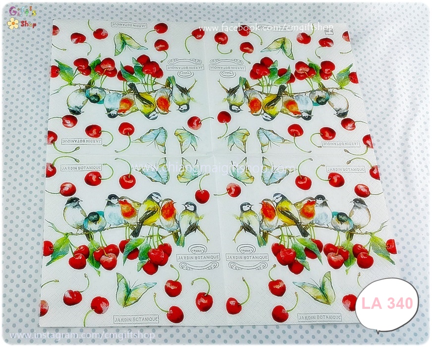 กระดาษแนปกิ้นยุโรป, ลายนกตัวเล็ก, ลายนก, ลายผีเสื้อ, ลายผลเชอร์รี่สีแดง, ลายเชอรี่, ลายนกกับเชอรี่, พื้นหลังสีขาว, Cherry Birds