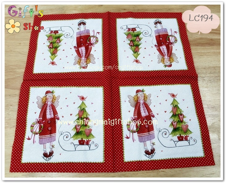 กระดาษแนปกิ้น ลายนางฟ้า ลากเลื่อนต้นคริสต์มาส ขอบสีแดงจุดขาว พื้นหลังสีขาว