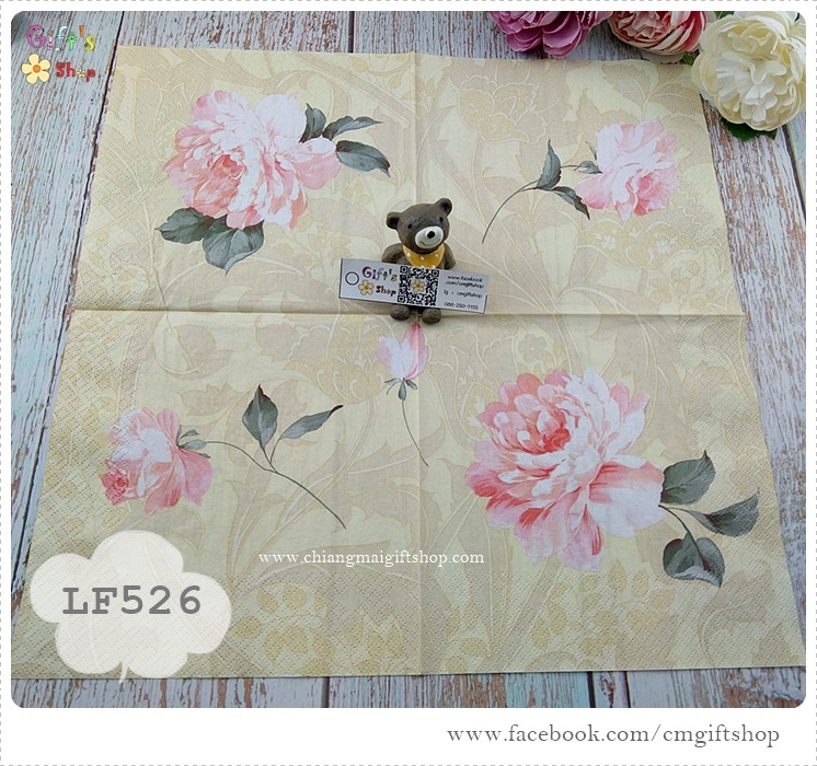กระดาษแนปกิ้นยุโรป ,ลายดอกไม้สีชมพู, ลายดอกไม้สีหวาน, ลายดอกไม้เดี่ยวๆ, พื้นหลังสีครีม, ลายดอกไม้