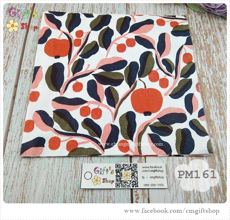 กระดาษแนปกิ้นยุโรป, ลายดอกไม้, ลายJASPL white rose, ลายของ marimekko, ผลไม้สีแดงกับใบไม้, พื้นหลังสีขาว