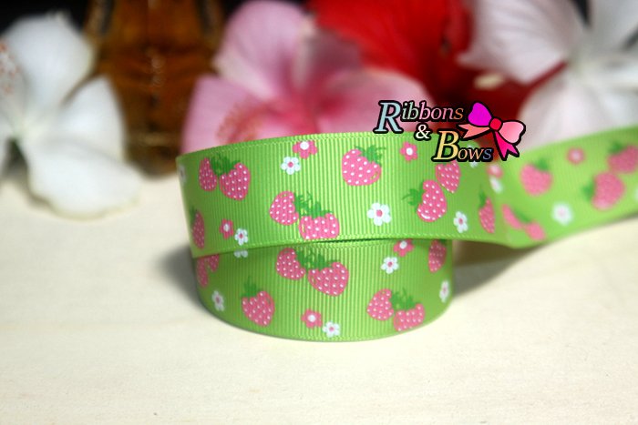 ริบบิ้นผ้าพิมพ์ลาย สตรอว์เบอร์รี กว้าง 25 mm #FF10