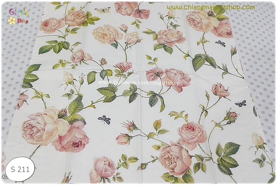 กระดาษแนปกิ้นยุโรป, ลายดอกกุหลาบ, ลายดอกกุหลาบเลื้อยสีโอลด์โรส, ลายดอกกุหลาบสีชมพู, ลายดอกกุหลาบเลื้อย, ลายผีเสื้อ, พื้นหลังสีครีม, New Rambling Rose cream