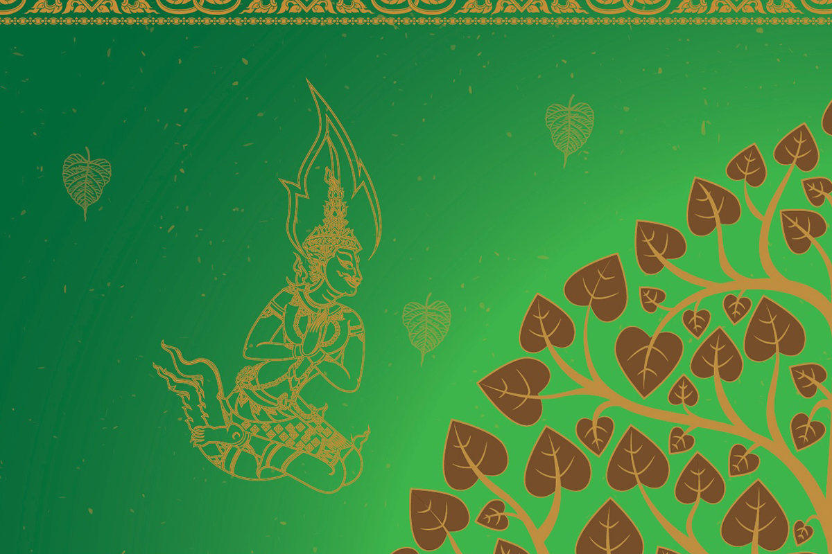 วอลเปเปอร์ภาพพิมพ์ ต้นโพธิ์-เทวดา-พญานาค ดีไซน์ใหม่ล่าสุด สีเขียว CV-BDT2025-005GN