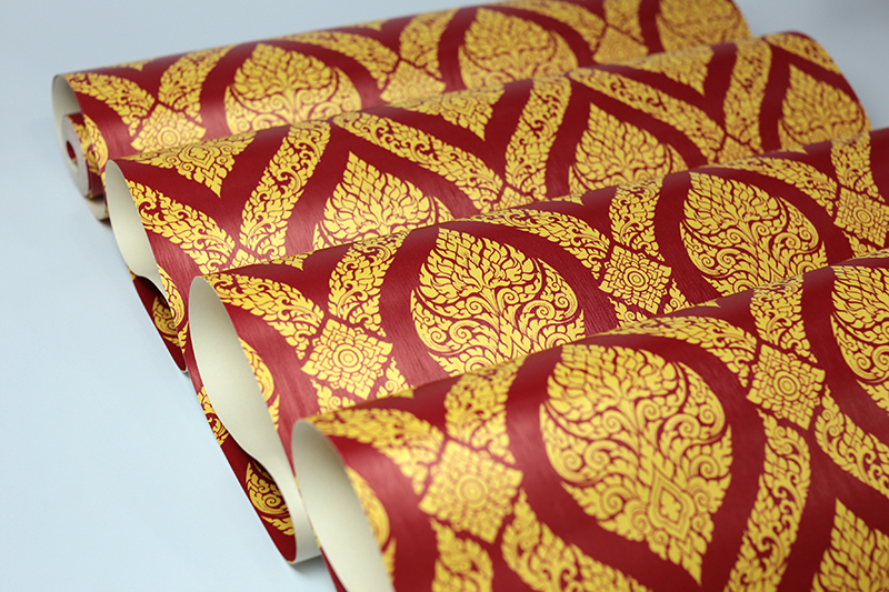 วอลเปเปอร์ลายไทย ลายพุ่มข้าวบิณฑ์ แดง - ทอง JPS501