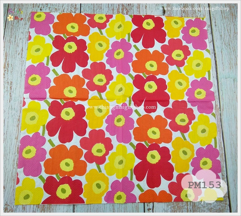 กระดาษแนปกิ้นยุโรป, ลายดอกไม้ ลายMINI UNIKOT โทนสีส้มแดงชมพูเหลือง ดอกเล็ก, ลายของ marimekko, ดอกไม้สีส้ม, ดอกไม้สีแดง, ดอกไม้สีชมพู, ดอกไม้สีเหลือง, พื้นหลังสีขาว