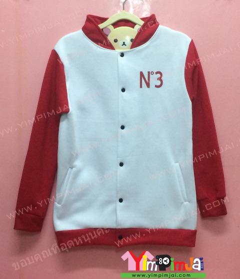 เสื้อกันหนาว เบสบอล สีขาว แขนยาวแดง ลายตามสั่ง เสื้อห้อง เสื้อรุ่น N 3