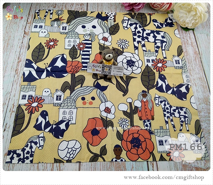 กระดาษแนปกิ้นยุโรป, ลายของ marimekko, ลาย MARIKYLA cream, ลายผู้หญิง, ลายม้า, ลายบ้าน, ลายดอกไม้, พื้นหลังสีครีม