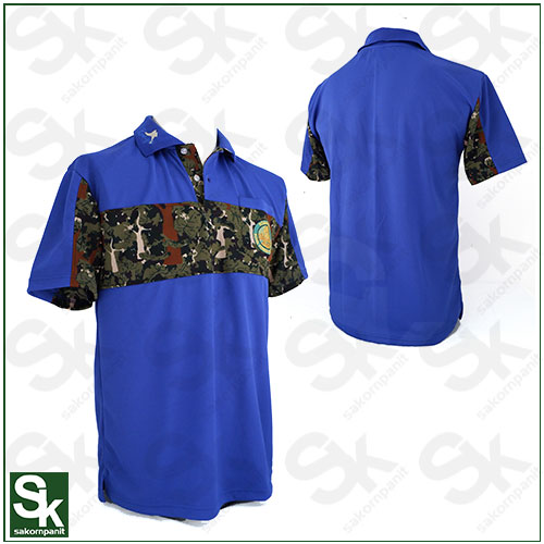 เสื้อโปโลสีน้ำเงิน คาด-อก ลายพราง /ป่าไม้ (ผ้ากีฬา)