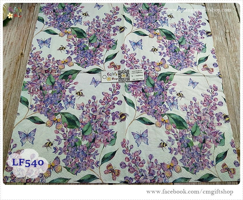 กระดาษแนปกิ้นยุโรป ,ลายดอกไม้สีม่วง, ลายดอกไม้โทนสีม่วง, ลายดอกไลแลค, ลายดอกไม้กับผึ้ง, พื้นหลังสีขาว, ลายLilac dream, ลายผีเสื้อ, ลายผึ้ง, ลายเต็มผืน