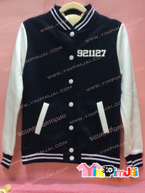 เสื้อกันหนาว เบสบอล สีกรมท่า แขนขาว ลายตามสั่ง นักร้องเกาหลี วง EXO CHAN YEOL 921127