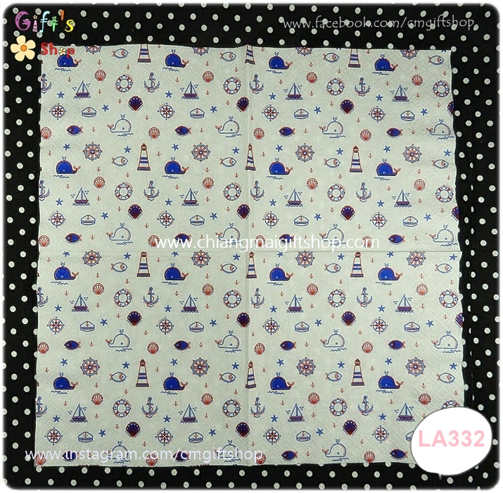 กระดาษแนปกิ้น ลายปลาวาฬสีขาว สีน้ำเงิน ประภาคาร เรือใบ ลายเล็กๆ พื้นหลังสีขาว NAUTICAL PATTERN