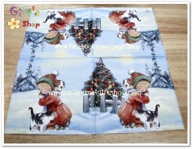 กระดาษแนปกิ้น ลายเด็กกับสุนัขและแมว หมา พื้นหลังสีฟ้าขาว