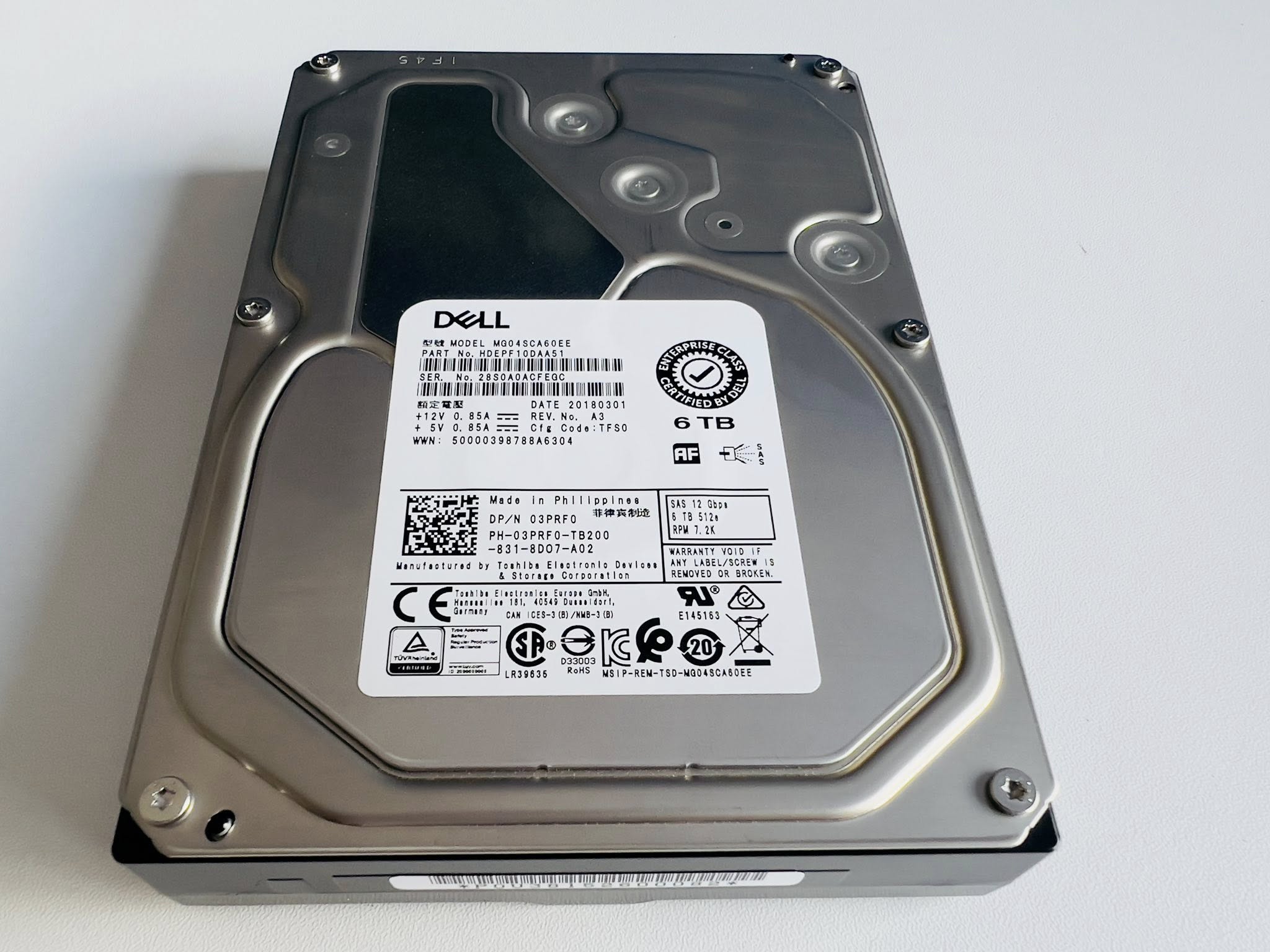 HDD SAS 6TB 12Gbps 512e Enterprise Class 03PRF0 ฮาร์ดดิสเซิร์ฟเวอร์เดลหกทีบีมือสองพร้อมใช้งาน