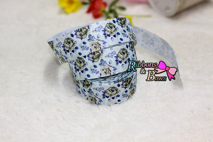 ริบบิ้นผ้าพิมพ์ลาย ดอกไม้ กว้าง 25 mm #BC43