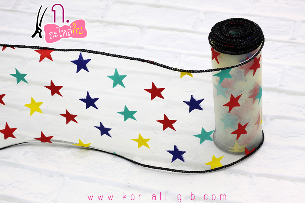 ริบบิ้นผ้าเย็บขอบ ผ้าออแกนดี้ลายดาว ขอบดำ ขนาด 10 ซม.