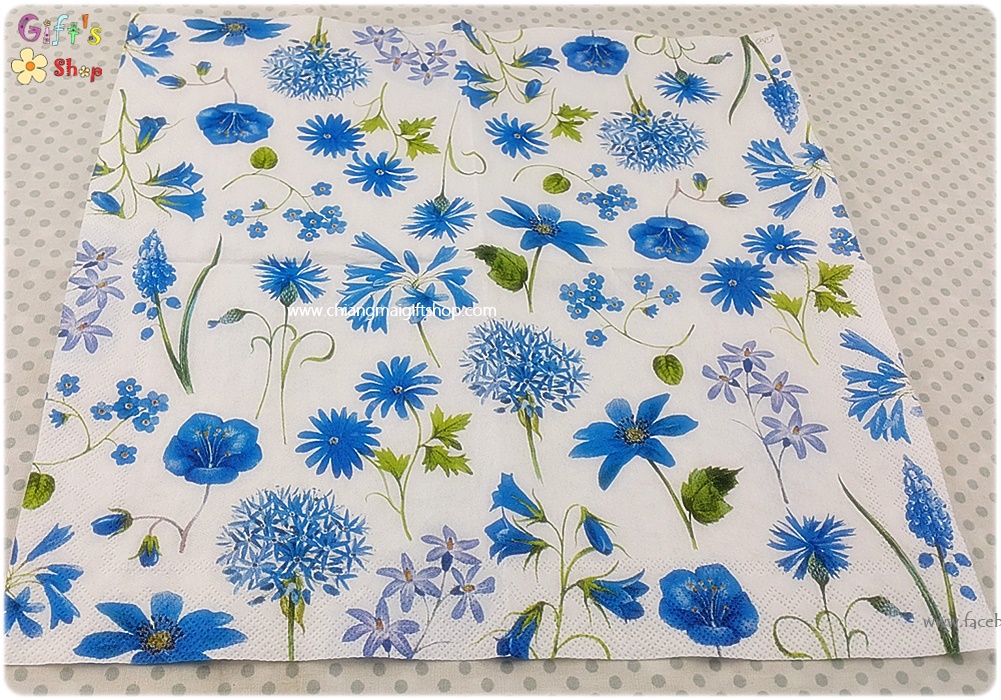 กระดาษแนปกิ้น ลายดอกไม้เล็กๆ ลายดอกไม้สีน้ำเงิน ลายดอกไม้สีน้ำเงินเล็กๆ ลายดอกไม้สีน้ำเงินหลายแบบ พื้นหลังสีขาว SORA