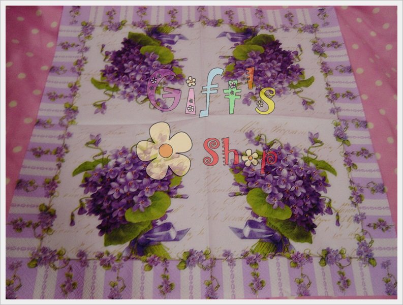 กระดาษแนปกิ้น ลาย My Lady Violets ลายช่อดอกไม้สีม่วงผูกโบว์ กรอบลายดอกสีขาวสลับม่วง