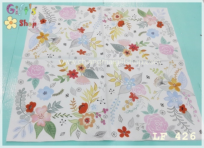 กระดาษแนปกิ้น ลาย Garden Fantasy ลายดอกไม้สีชมพู สีฟ้า สีแดง พื้นหลังสีขาว