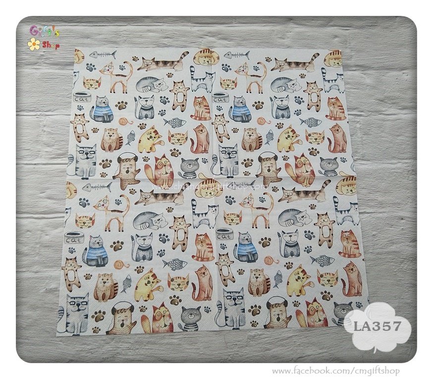 กระดาษแนปกิ้นยุโรป, ลายPet cats, ลายแมว, ลายแมวหลายแบบ, ลายน้องแมวน่ารัก, ลายน้องแมว, พื้นหลังสีขาว, ลายแมวการ์ตูน