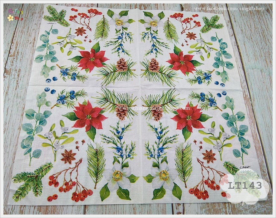 กระดาษแนปกิ้น, ลายคริสต์มาส, ลายWinter Flora, ลายดอกไม้ฤดูหนาว, ลายดอกคริสต์มาส, ลายดอกไม้สีแดง, ลายเกี่ยวกับคริสต์มาส, ลายใบไม้, ลายใบสน, ลายลูกฮอลลี่สีแดง, ลายลูกฮอลลี่, ลายใบมิสเซิลโท, ลายเบอร์รี่, ลายลูกสน, ลายดอกไม้สีขาว, พื้นหลังสีขาว