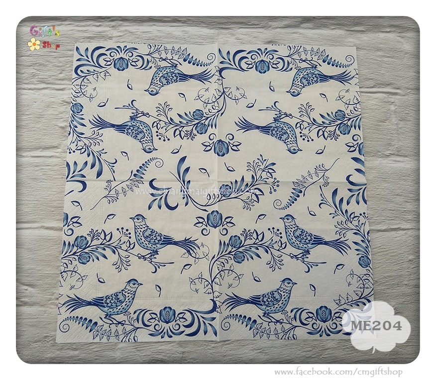 กระดาษแนปกิ้นยุโรป, ลายPorcelain bird, ลายนกลายคราม, ลายนก, ลายคราม, ลายนกเกาะกิ่งไม้สีน้ำเงินขาว, พื้นหลังสีขาว, ลายโทนสีน้ำเงินขาว