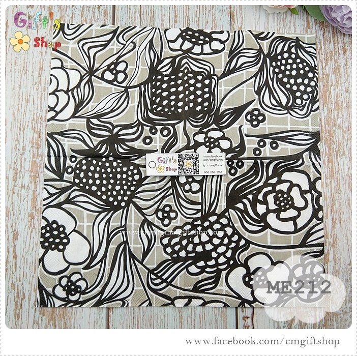 กระดาษแนปกิ้น ลาย FLORISTI linen ลายดอกไม้ลายเส้นสีขาวดำเทา ลายของ Marimekko