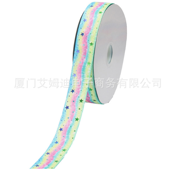 ริบบิ้นผ้าพิมพ์ลายสีรุ้ง ติดกลิตเดตอร์ดาว กว้าง 38 mm มี 5 แบบให้เลือก #BB11