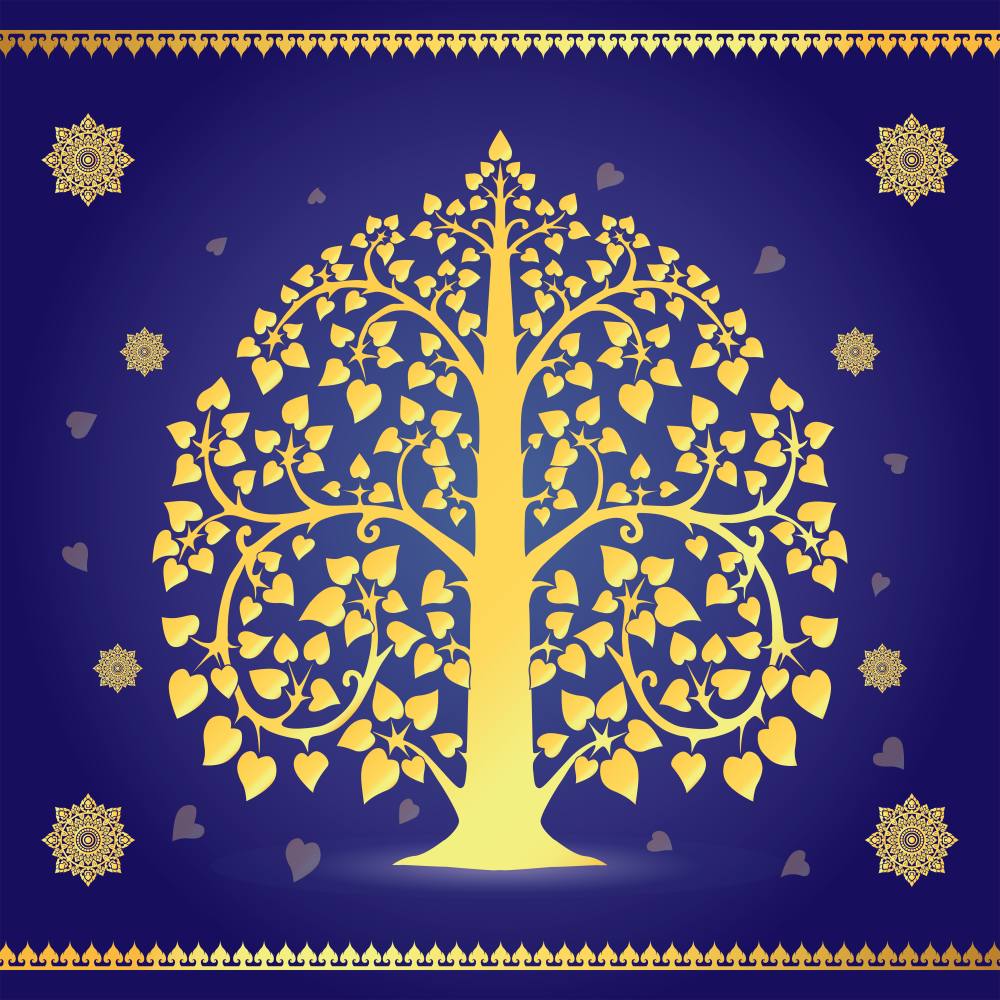 วอลเปเปอร์ติดผนังภาพต้นโพธิ์ทอง สีแดง/น้ำเงิน/ดำ/น้ำตาล/เขียว/ทอง/ขาว CS-2022-BDT-005