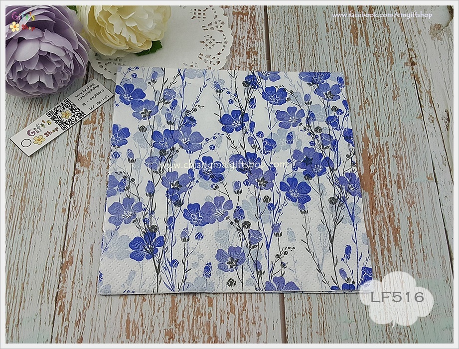 กระดาษแนปกิ้น ลายดอกไม้สีฟ้าน้ำเงินก้านสีดำ พื้นหลังสีขาว ลายคราม Flax plants, ลายโทนสีน้ำเงินขาว