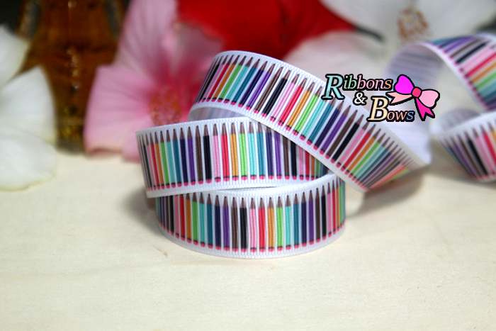 ริบบิ้นผ้าพิมพ์ลายดินสอสีรุ้งหลากสี 22 mm #BB6