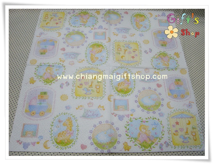 กระดาษแนปกิ้นยุโรป, ลายของเล่นเด็ก, ลายตุ๊กตาหมี, ลายแกะ, ลายของขวัญ, ลายรถเข็นเด็ก, ลายม้า, ลายยีราฟ, ลายเด็กๆ, พื้นหลังสีขาว