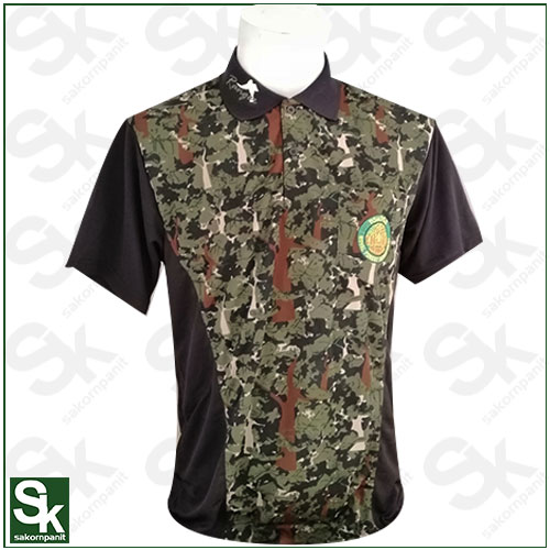 เสื้อโปโล ลายพราง ต่อข้างดำ (ป่าไม้) (ผ้ากีฬา).*