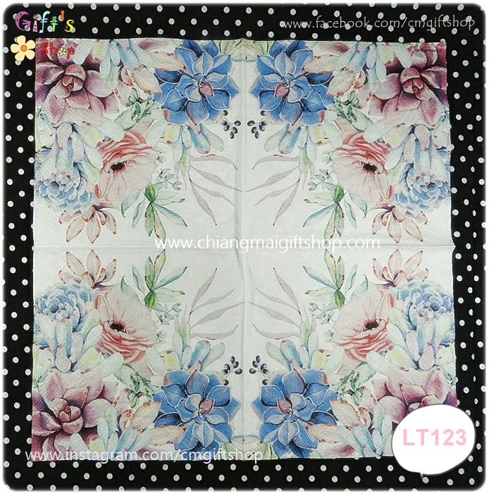 กระดาษแนปกิ้น ลายดอกไม้สีชมพู กุหลาบหินสีฟ้า สีม่วง พื้นหลังสีขาว SUCCULENT LOVE