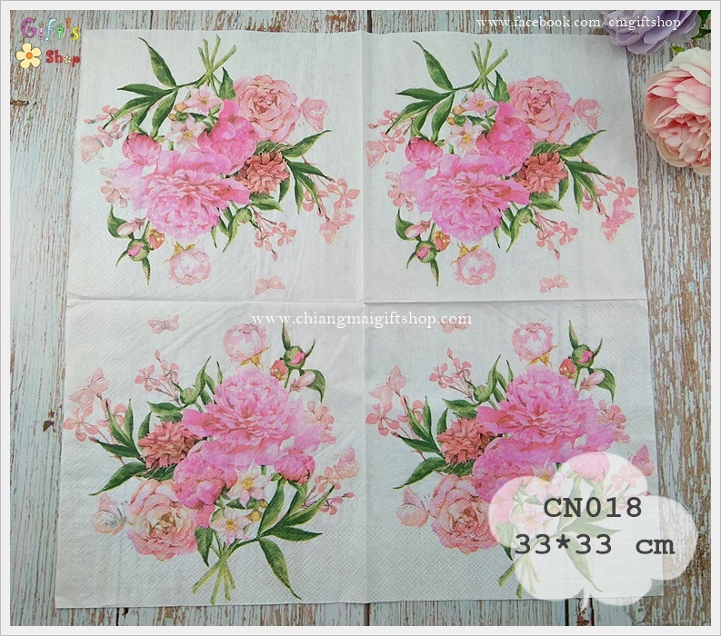 กระดาษแนปกิ้น ลายดอกไม้สีชมพู, ลายดอกไม้, ลายช่อดอกไม้สีชมพู, ลายดอกไม้หลายชนิด, พื้นหลังสีขาว, ลายเดียวกับCN193