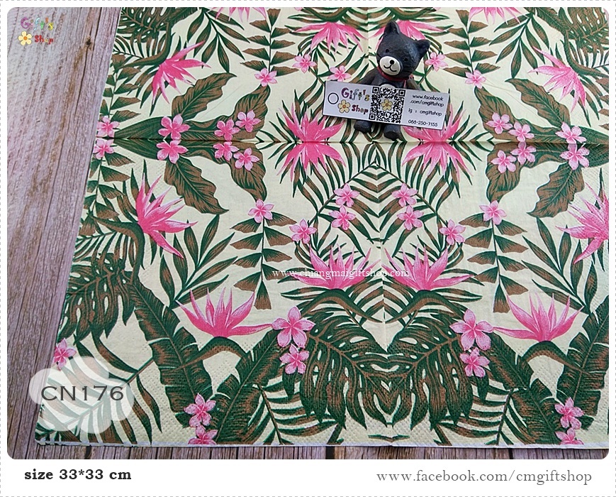 กระดาษแนปกิ้น, ลายดอกไม้สีชมพูกับใบไม้, ลายทรอปิคอล, ลายดอกไม้ใบไม้แบบทรอปิคอล, พื้นหลังสีครีม, ลายใบไม้หลายแบบ,