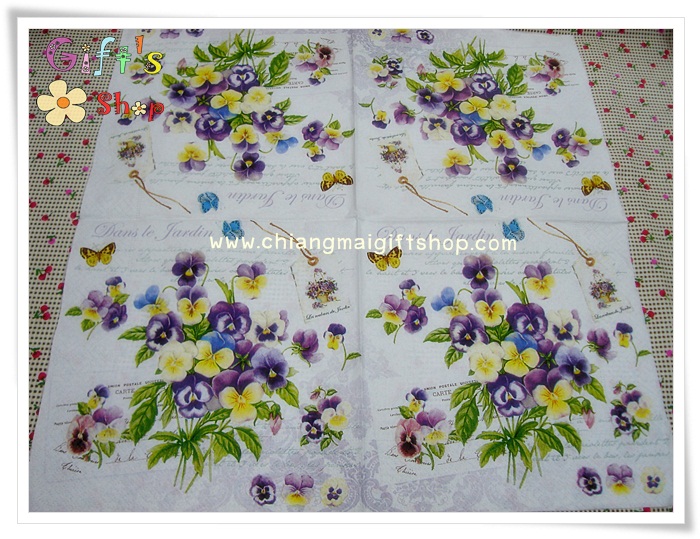 กระดาษแนปกิ้นยุโรป, ลายดอกไม้สีม่วง, ลายดอไม้สีเหลือง, พื้นหลังสีขาว, ลายช่อดอกไม้, ลายดอกผีเสื้อ, ลายดอกหน้าแมว, ลายดอกแพนซี, ลายวินเทจ